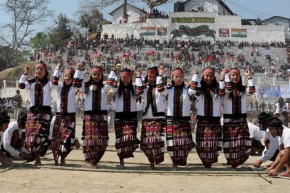 Folk dancers perform the Cheraw Dance during the Chapchar Kut Festival in Mizoram