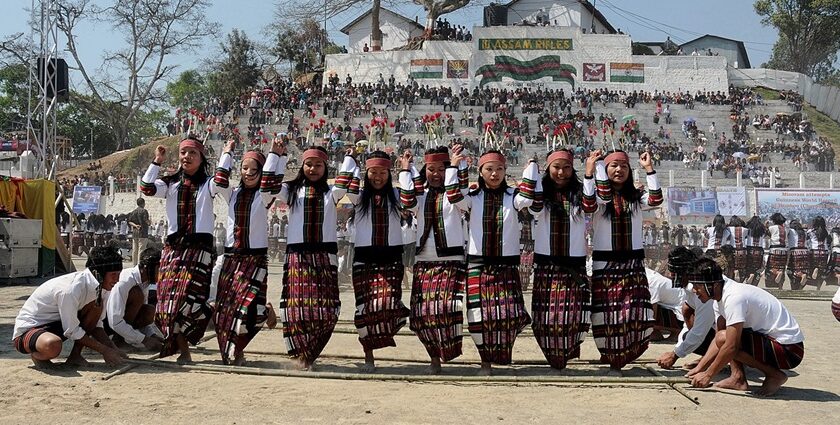 Folk dancers perform the Cheraw Dance during the Chapchar Kut Festival in Mizoram