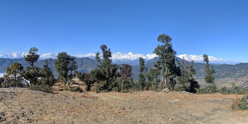 A beautiful view of snow-covered peaks in Chaukori, an untouched hill station in India.