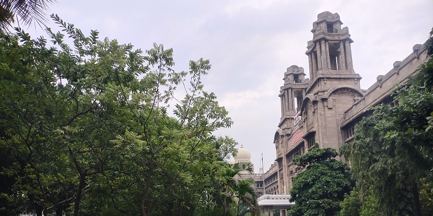 Railway headquarters building with ornate architecture, a view of road trip in India