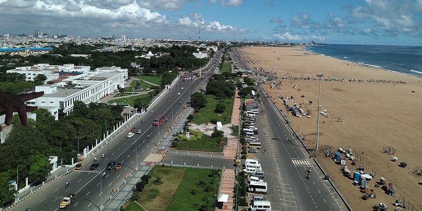 An aerial view of Chennai city from a lighthouse near Marina Beach, as mentioned in the Tamil Nadu travel guide.