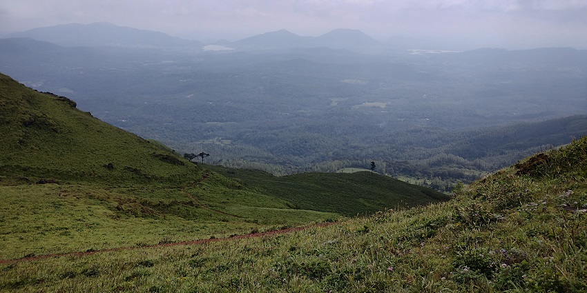 An image showing Mullayanagiri in Chikmagalur district, Karnataka, with misty peaks and dense scenery.