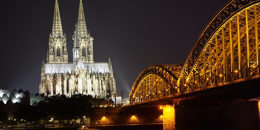 An image of the Cologne Cathedral and the Rhine River, a famous place for New Year celebrations in Germany