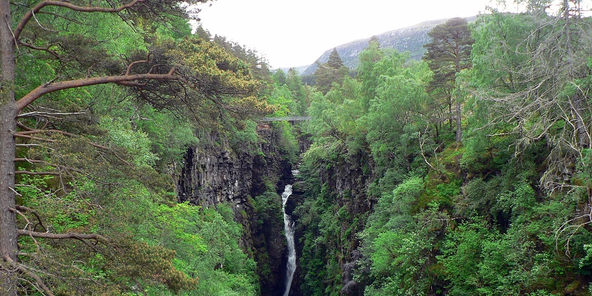 Corrieshalloch Gorge’s mesmerising waterfall plunging into a steep, forested canyon.