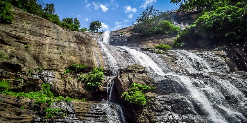 An Image of a beautiful waterfall flowing from a high mountain known as a famous waterfall in South India