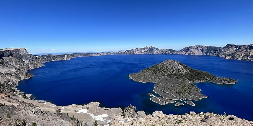 A breathtaking image of the deep blue waters of Crater Lake, the deepest in the U.S.