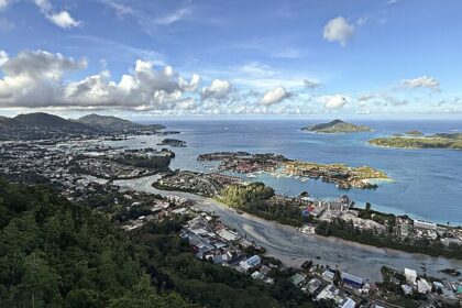 Aerial view of Victoria, Mahé, Seychelles, with Eden Island in the harbor and mountains