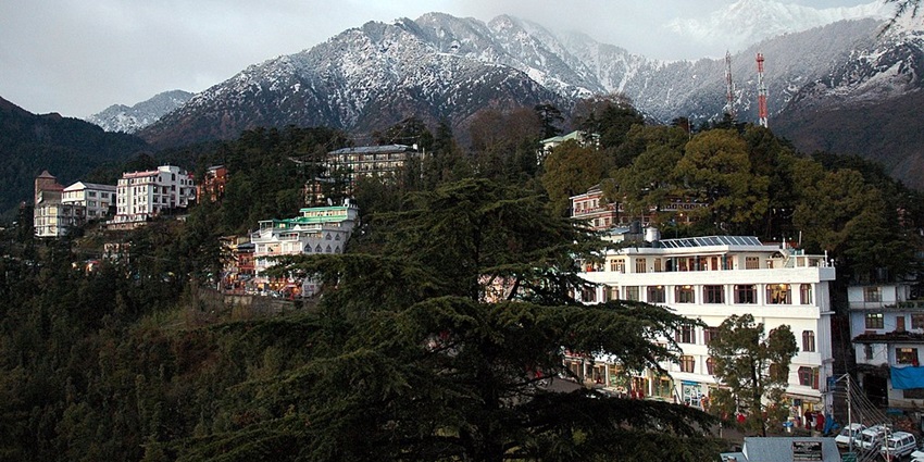 An image of McLeod Ganj with the snowy peaks of the Dhauladhars towering in the background.