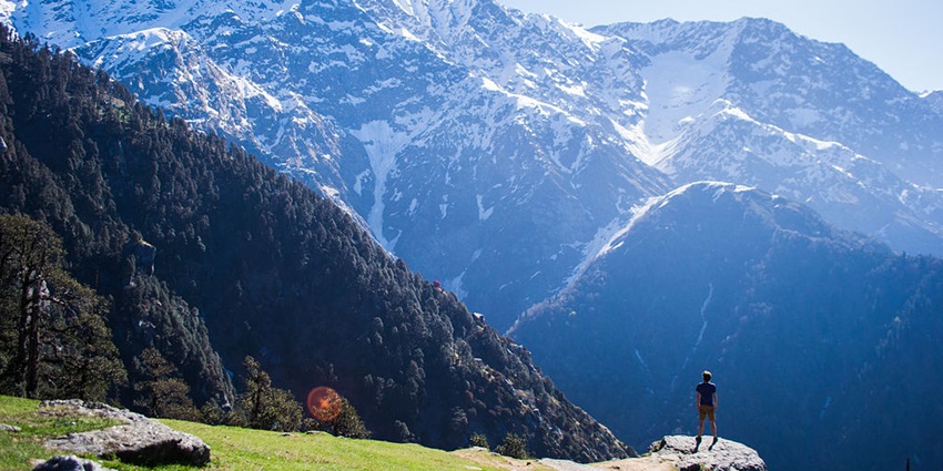 An image of a McLeod Ganj surrounded by misty mountains, dense greenery, and snow.