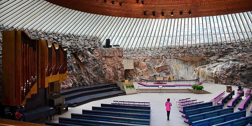 An image of the interior of Temppeliaukio Church, a famous thing to see in Helsinki
