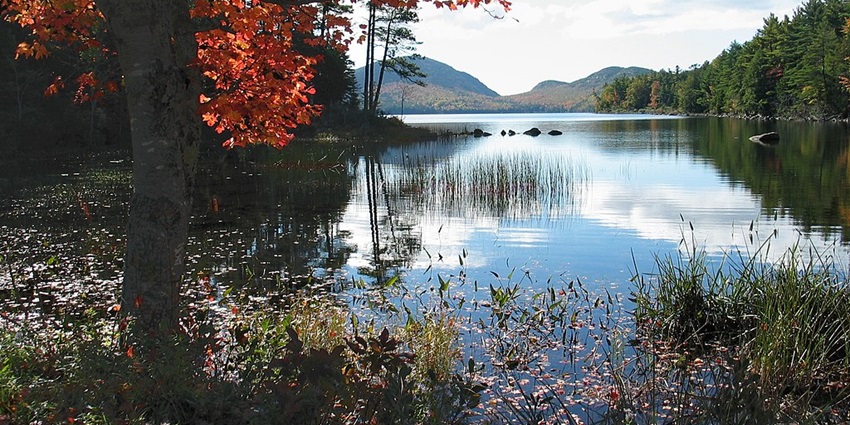 A distant view of the Eagle Lake with a backdrop of a mountain in Acadia National Park.