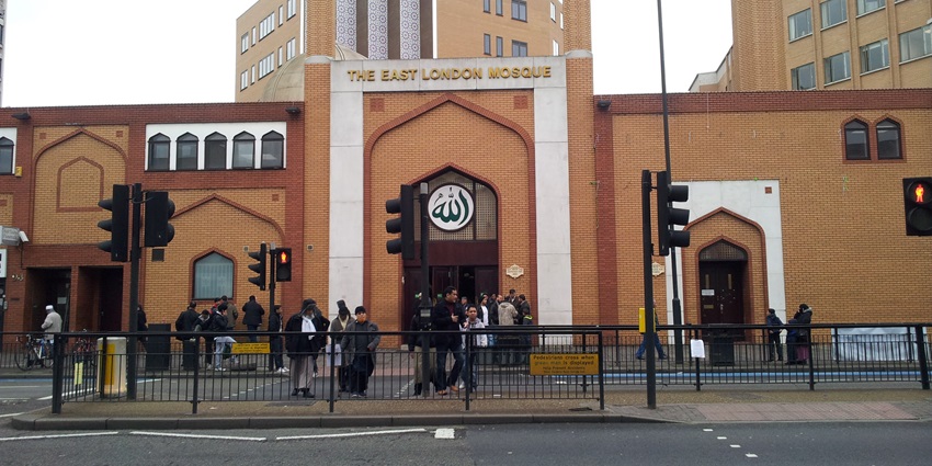 A striking view of the gates of East London Mosque, a vital place of faith among the London Mosques