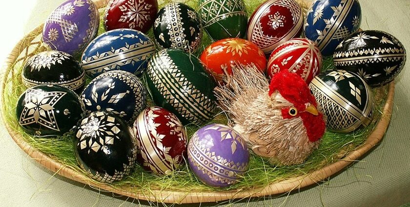 A plate full of colourfully decorated Easter Eggs in the Czech Republic’s Hana Region.