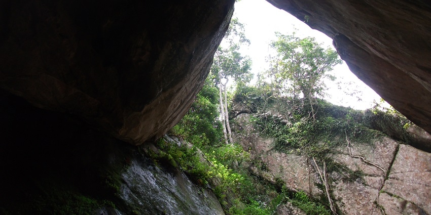 Image of the interiors of the prehistoric rock carvings inside Edakkal Caves in Wayanad