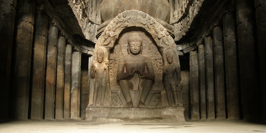 An image showcasing temple rooms at Ellora Caves, located in Maharashtra, India
