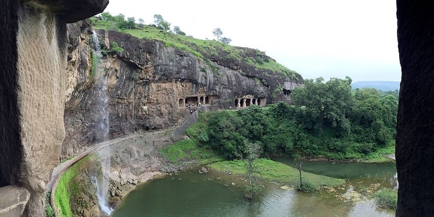 A waterfall at a lake near Ellora Caves near Aurangabad, Maharashtra.