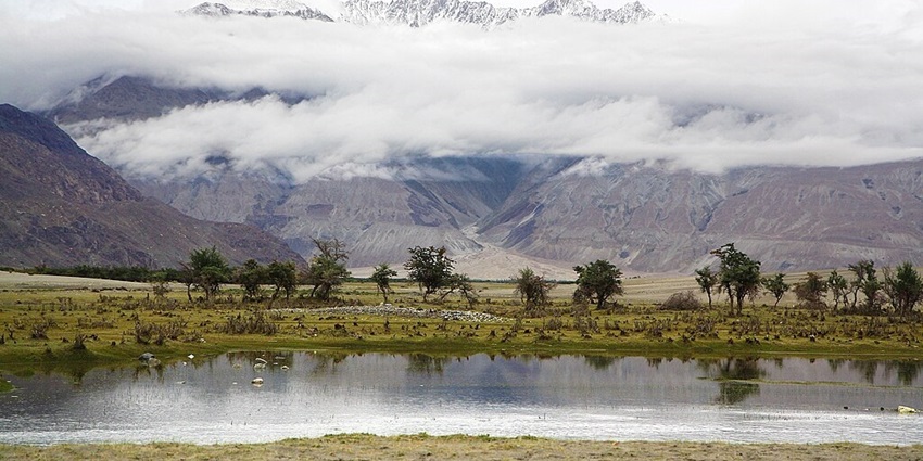 The view at Hunder situated in Nubra valley in Ladakh. The sand dunes alongside the Shyok river