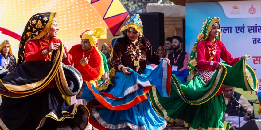 A group of folk dancers from Rajasthan perform at Surajkund Mela in Faridabad, Haryana.