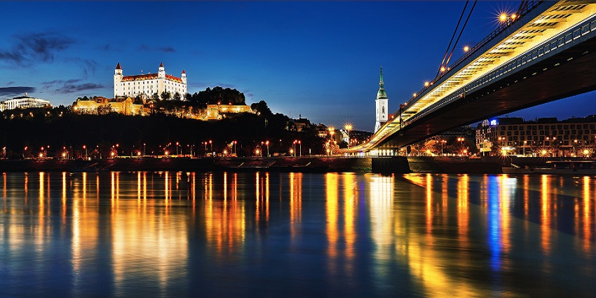 Beautiful View to Bratislava castle at night in Slovakia