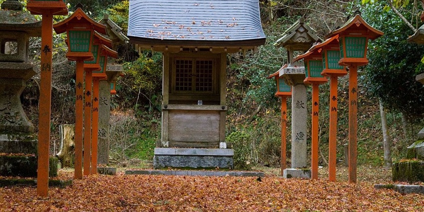 Enryaku-ji temple shrine with traditional Japanese lamps and autumn leaves on the ground.