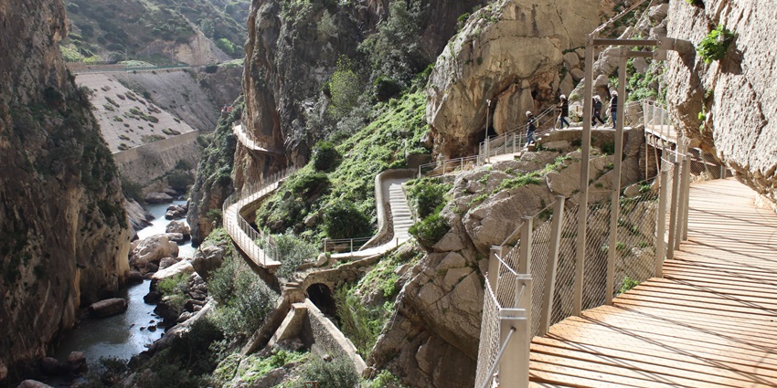 Walkway carved into steep gorge cliffs at Caminito del Rey near Málaga