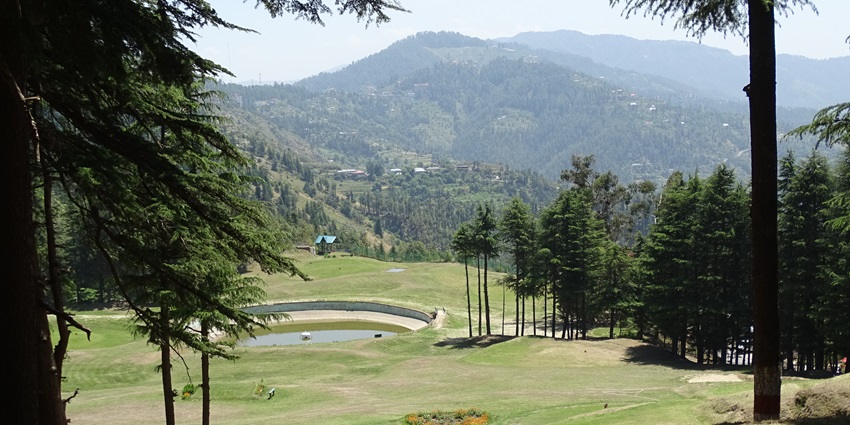 A mini golf course on a sunny day covered with velvet-green grass and different trees