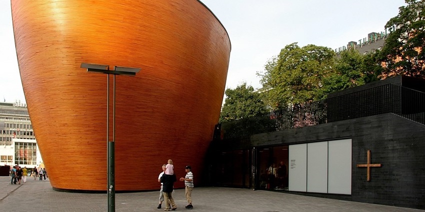 An image of the Kamppi Chapel, a famous place to visit in Helsinki, Finland
