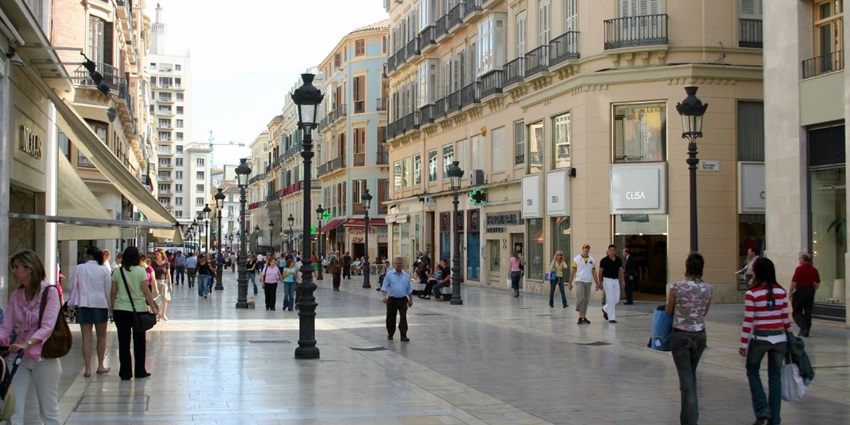 Elegant pedestrian Calle Larios in Málaga, lined with shops and neoclassical façades