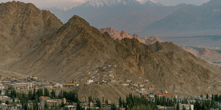 Image of villages around mountain ranges and valleys in Ladakh - Small settlement near mountainous terrain