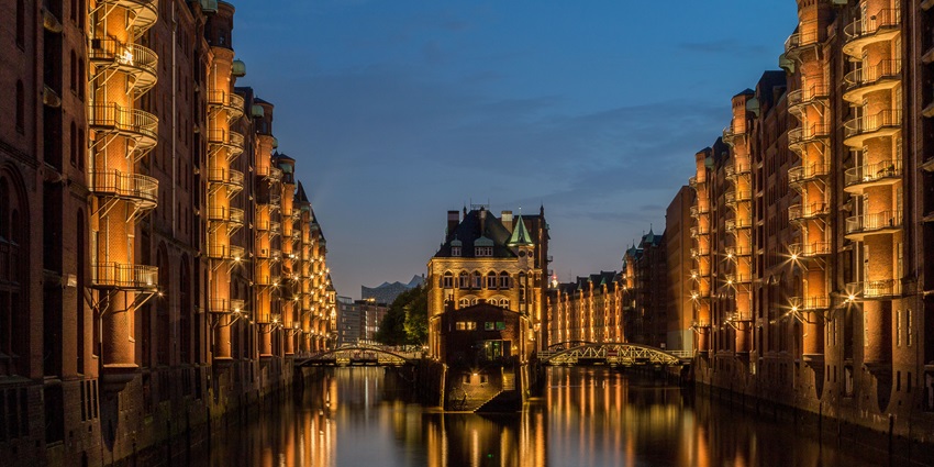 An image showing the historic Hamburg Speicherstadt, a warehouse district in Hamburg, Germany.