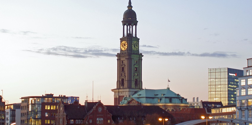 An image showing Michaeliskirche church, Hamburg, Germany with views of the Hafen area.