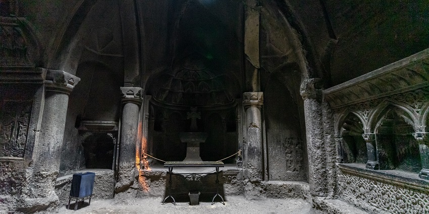 Picturesque view of cave churches, Geghard Monastery.
