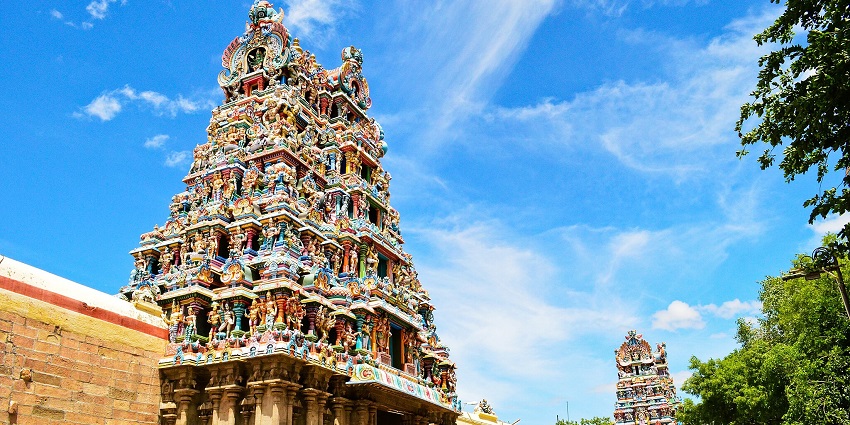An aerial view of gopuram of the Meenakshi Amman Temple in Madurai.