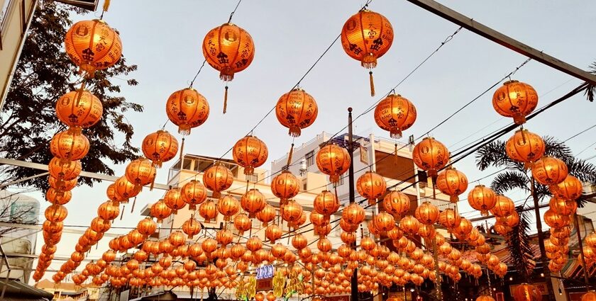 An image of a festive display of traditional lanterns during South Korean celebration.