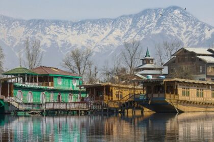 Houseboats on Dal Lake in Srinagar with several boats parked - Famous Lakes In Jammu And Kashmir