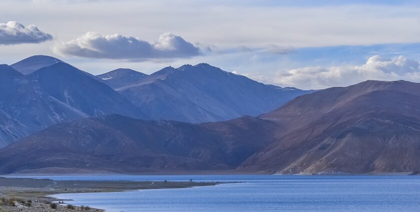 Pangong tso with a bird flying, clear water, small rocks in the lake and distant mountains