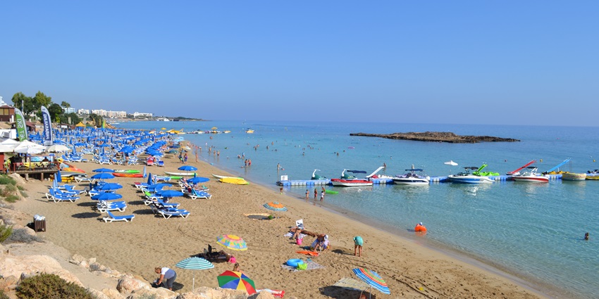 Fig Tree Bay, one of the beaches in Cyprus, popular for its clear waters and golden sands.