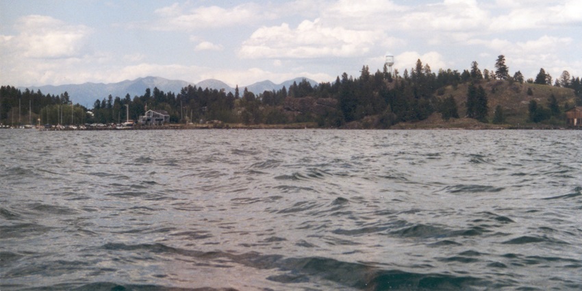 An image of Flathead Lake, a lake in the USA, with clear blue waters and surrounding mountains.