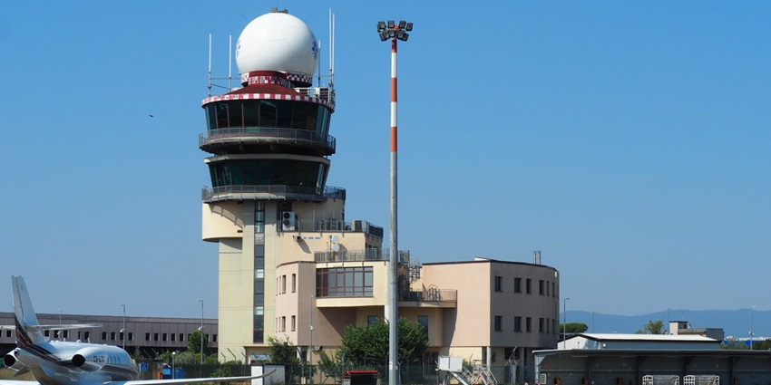 Image of Control tower Peretola Airport - during day time view under blue sky