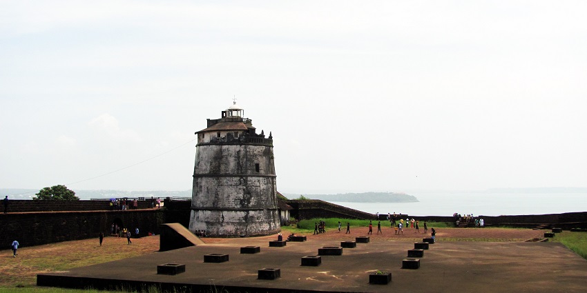 A view of a damaged structure, probably a lighthouse at Fort Aguada in Goa.