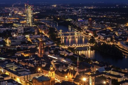 An image showing Frankfurt Main city centre at night, showcasing Frankfurt nightlife.