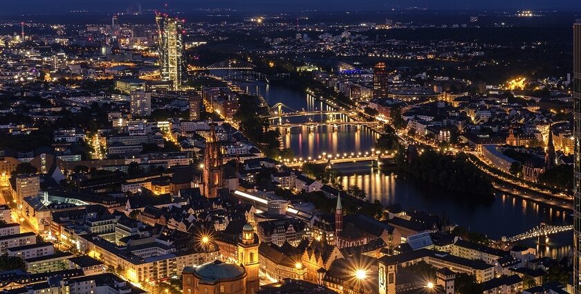 An image showing Frankfurt Main city centre at night, showcasing Frankfurt nightlife.