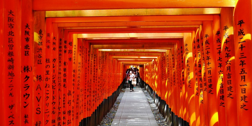 Renowned Shinto shrine with thousands of vermillion torii gates