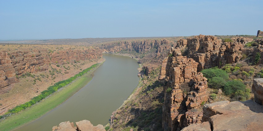 An image showing Gandikota Hills, known as the Grand Canyon of India, with rocky terrain.