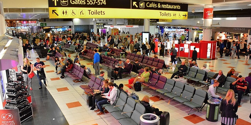 An image of the departure area of Gatwick Airport, one of the major airports in England.