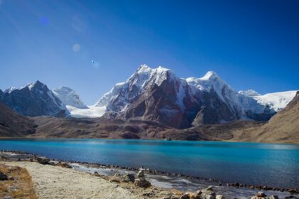 Tsomgo Lake with the reflection of the mountain covered with snow and a still water body.