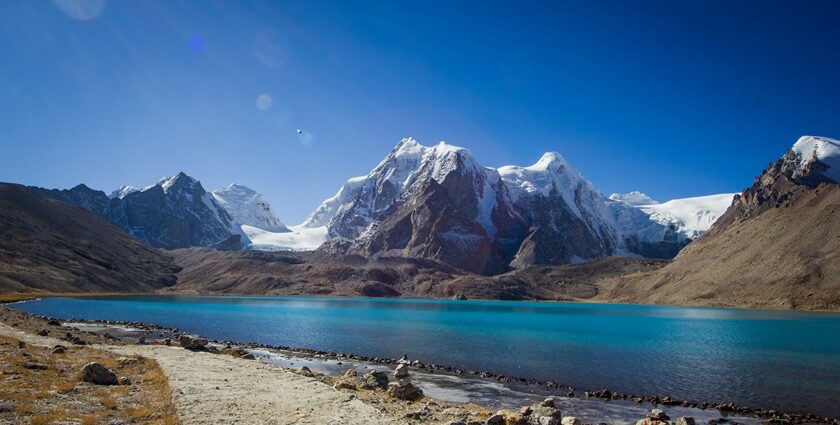 Tsomgo Lake with the reflection of the mountain covered with snow and a still water body.