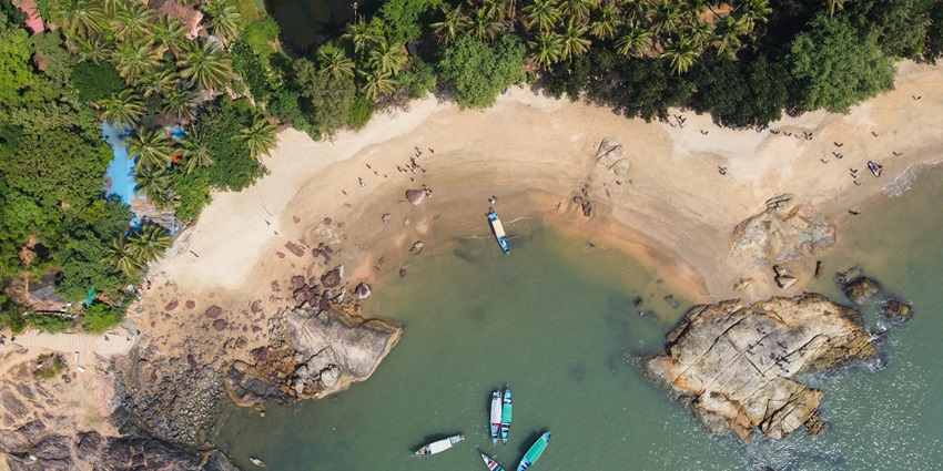 An aerial view of Beach in Gokarna, Karnataka, India, with clear waters and scenic surroundings
