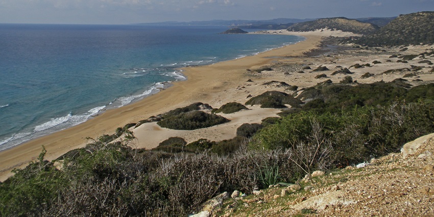 An image of a Golden Sandy beach stretching along the coast similar to Golden Sand Beach