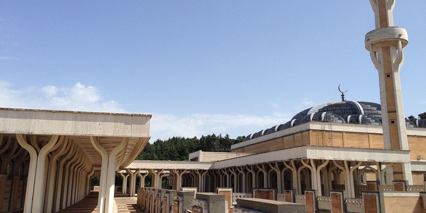 The exterior view of the Great Mosque of Rome, which is a famous mosque in Italy